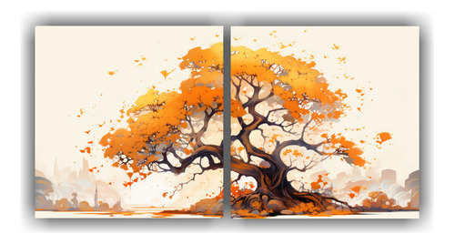 140x70cm Cuadro Árbol De Roble En Naranja Y Dorado Flores