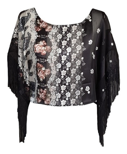 Blusa Fiesta, Gasa, Negro/flores, Flecos, Sirve Tallas S/m