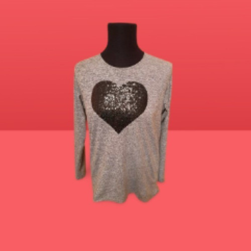 Remera Xl Corazon Bordado Strass Lanilla Gris Melange Ultima