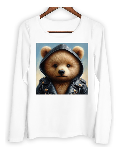 Remera Mujer Ml Oso Con Campera Cuero Simpatico Tierno M2