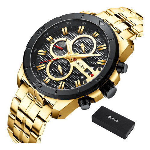 Relógio cronógrafo de quartzo Curren para pulseira dourada/preta masculina