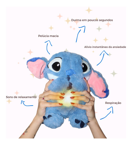 Ursinho Pelúcia Stitch Com Som Luz Respira Alivia Ansiedade Azul