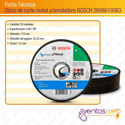 Imagen 3 de 4 de Disco Corte Bosch 115 X1mm Amoladora Metal Inoxidable 50 Und