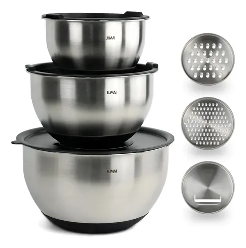 Kit 3 Bowls Tigelas Grandes De Aço Inoxidável Com Tampas Hérmeticas E 3 Discos