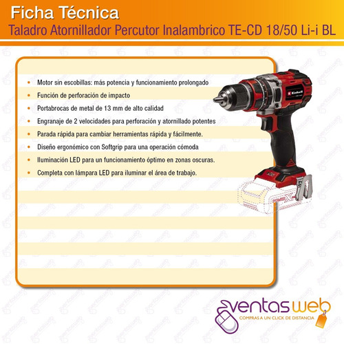 Imagen 8 de 9 de Taladro Atornillador Percutor Einhell Brushless + Completo