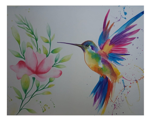 Cuadro Colibri Colores Con Flores  Pintado A Mano