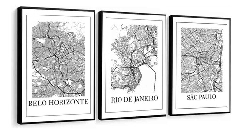 Kit 3 Quadros Decorativos Mapa Planta Cidades Brasil Moldura