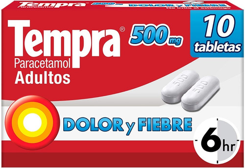 10 Tabletas  Paracetamol Tempra Adultos Dolor Fiebre 500 Mg