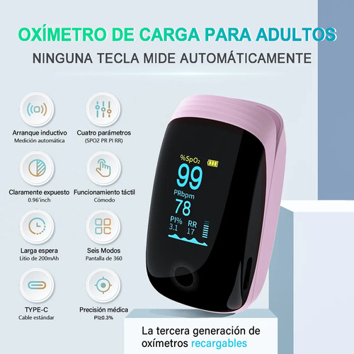 Recargable Usbc Con Oximetro De Dedo Instrumento Inteligente Rosa