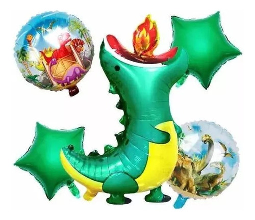 Set 5 Globos Metalizado Silueta Dinosaurio Para Helio/ Aire