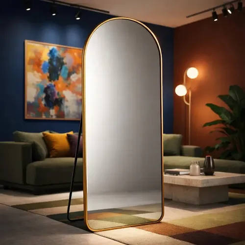 Espelho Lopazzi Oval Base Reta 170x70cm Alumínio Retrô Luxo Dourado