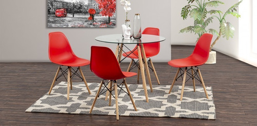 Comedor Vidrio 80 Cm Con 4 Sillas Eames Rojas