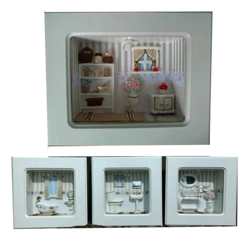 Trio De Quadros Miniaturas De Banheiro + Mini Cozinha