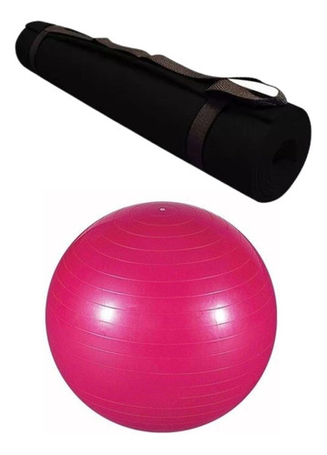 Colchonete Yoga Tapete Bola Exercicios 65 Cm Kit Com 2 Peças Cor Preto/Rosa