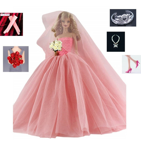 Vestido Noiva Barbie Luxo Roupa Boneca Sapatos Luvas Véu 06s