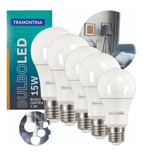 Kit 5 Lâmpadas Led Luz Branca Bulbo 15w E27 6500k Tramontina