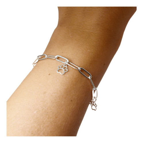 Pulsera Long Chain Perrito Huella Acero Blanco Bañado Plata