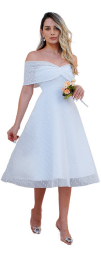 Vestido Noiva Casamento Civil Tule Midi Curto Lançamento T10