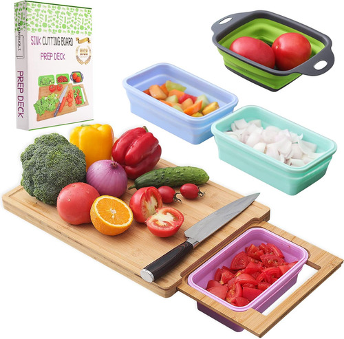 Tabla De Cortar De Bambú Expandible Con Contenedores, Tabla