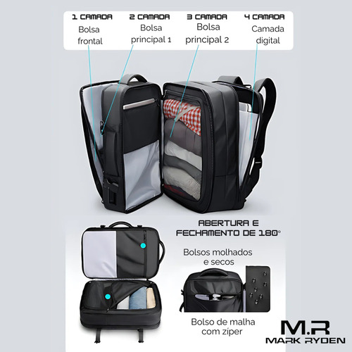 Mochila Mala Viagem Expansível 26-39l Notebook 17,3 Com Capa De Chuva Modelo Aviator Pro Rain Mark Ryden - Cor Preto