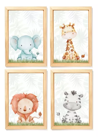 Kit 4 Quadros Decorativos Safari Aquarela Baby Moldura Vidro