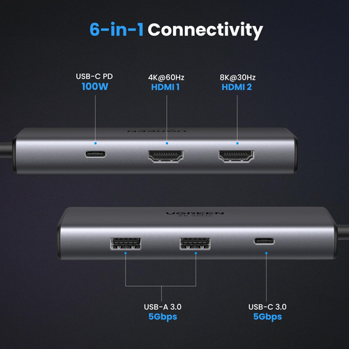 Estação De Acoplamento Ugreen Revodok 206 6 Em 1 Usb-c 100w