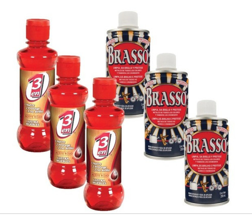 3 Kit Brasso Limpia Metal 200ml + 3en1 Lustra Muebles 240ml