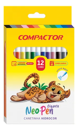 Canetinha para Colorir Compactor 12 Cores Hidrográfica Escolar