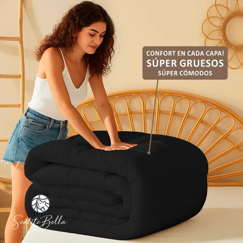Acolchados Liso Reversible Abrigado 2 Plazas + Senti Color Negro