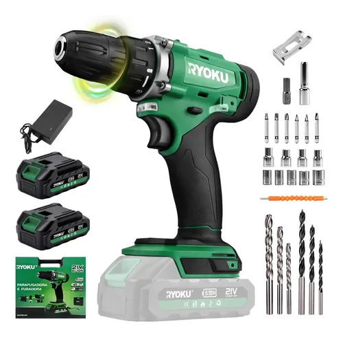 Furadeira Parafusadeira Elétrica Sem Fio 2 Baterias 21v 10mm Verde 127/220v 50/60