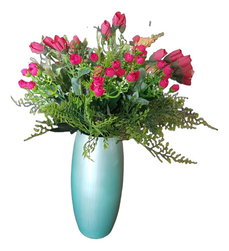 Arranjo Flores Artificiais De Botão De Rosas E Vaso Alumínio