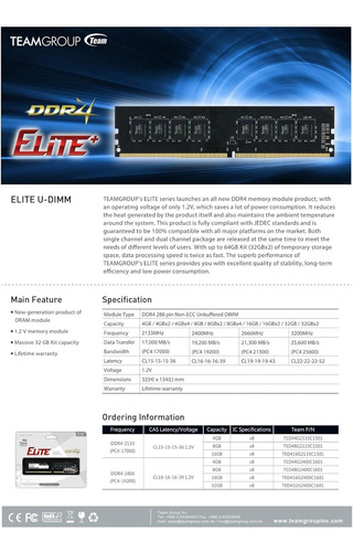 Kit Teamgroup Elite Ddr4 De 32 Gb (2 X 16 Gb) Ram Udimm De 3