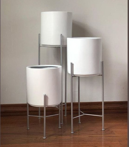 Set De Maceta Cilindro De 25 X 25 Con Base Metalica