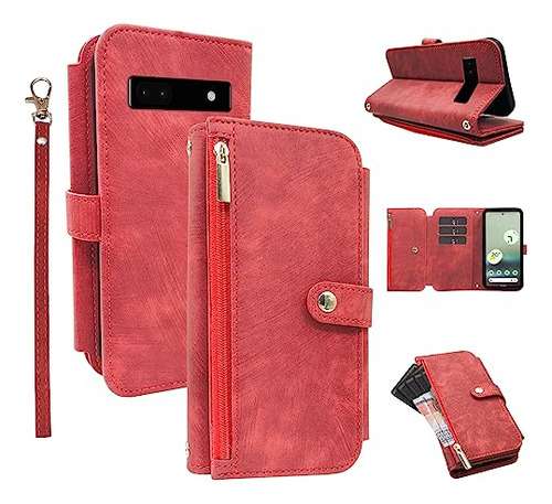 Funda Cartera Para Google Pixel 6a 5g 2022 Rojo Retro Leathe
