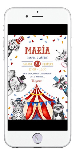 Invitación Cumpleaños Tarjeta Digital Circo Rojo Animales