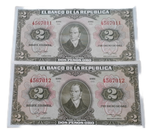 Colombia Duo Consecutivos 2 Pesos Oro 1950 Excelente Estado