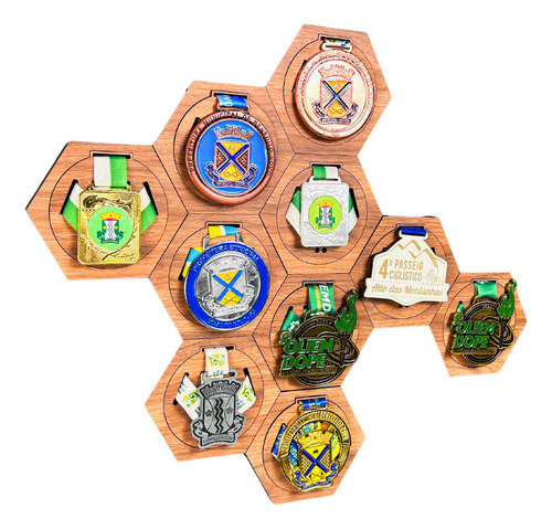 Porta Medalhas Modular Hexagonal 13x11cm 3 Cores - Kit C/ 10