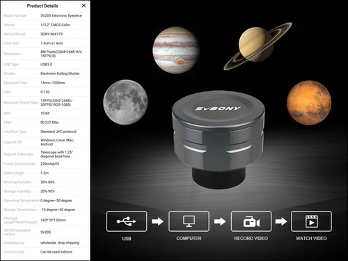 Sv205 Cámara Planetaria Para Telescopio Astronomía