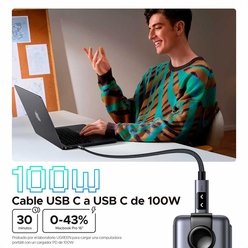 Cable Ugreen Usb-c A Usb-c Pd M/m Led 100w 1m L509-35501