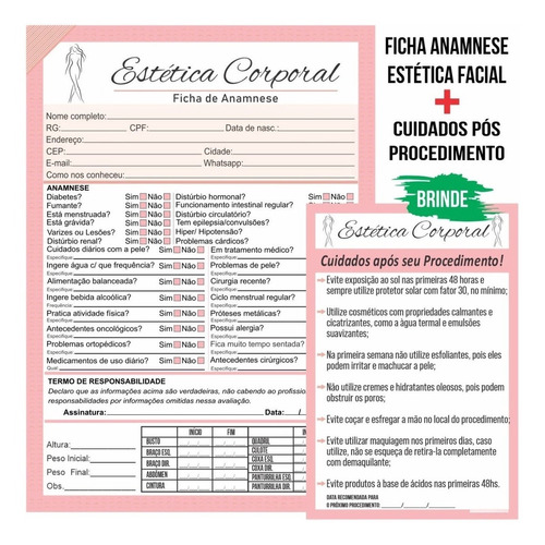 Ficha Anamnese Estética Corporal Personalizada +cuidados Pós