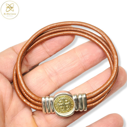 Imagen 3 de 7 de Pulsera Plata Y Oro Y Cuero San Benito Con Iman