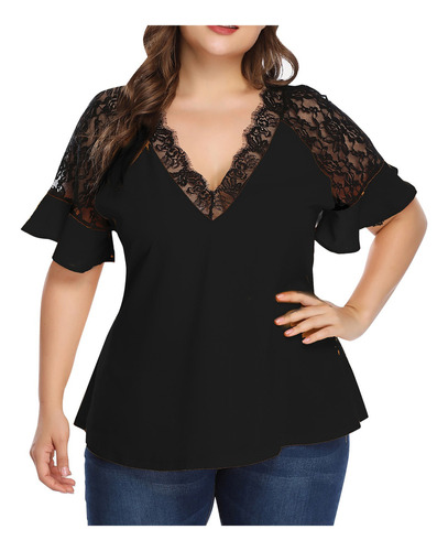 Camiseta De Renda Com Decote Em V De Chiffon E Patchwork