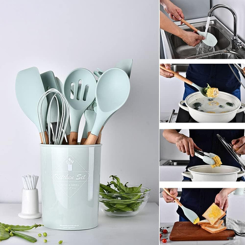 Juego De 12 Utensillos De Silicona Con Mango De Madera