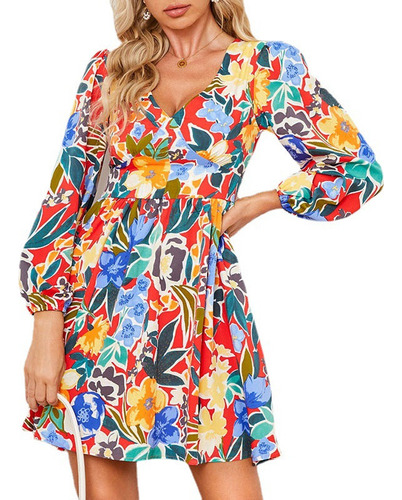 Vestido Casual De Manga Larga Con Cuello En V Y Vestidos Cor