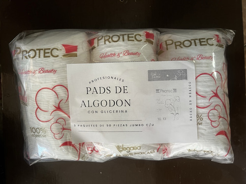 Pads Faciales Jumbo De Algodón 50 Pzs Marca Protec Pack De 3