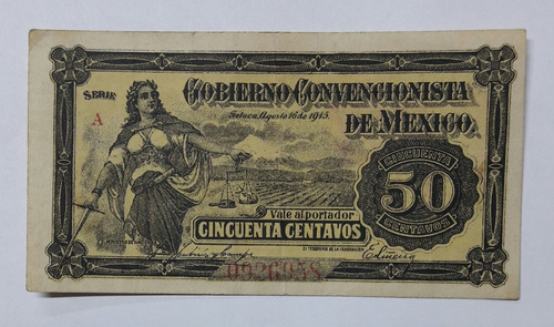 Billete Gobierno Convencionista, Toluca 1915 Serie A. (Usado)