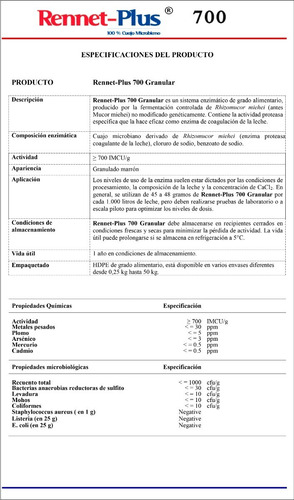 Imagen 2 de 3 de Cuajo Microbiano Rennet-plus 700 Imcu Granular 500gr- Tauber