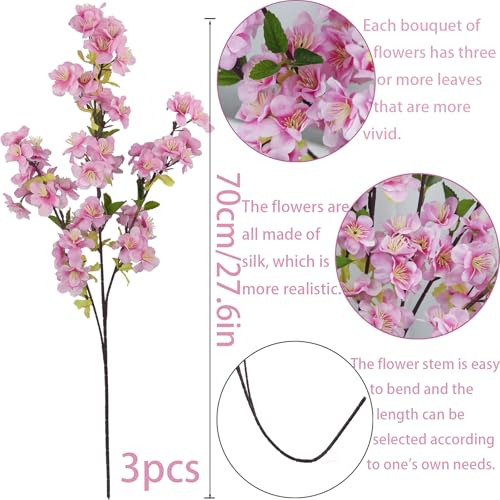 3 Ramas De Flores De Cerezo Para Jarrón Con Tallos Largos Fl