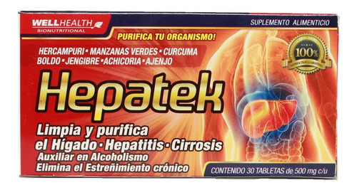 Tabletas Hepatek 30 Tblts 500mg Hígado Cirrosis Hepatitis