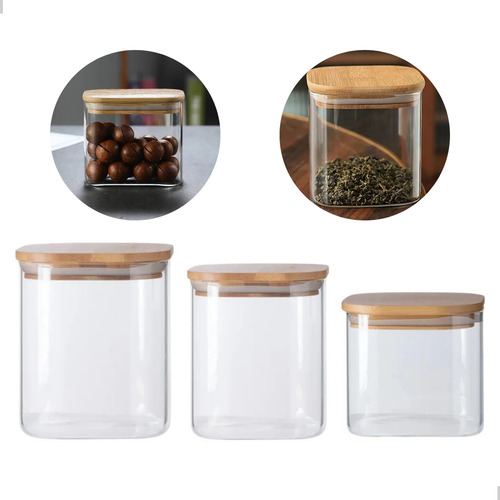 Kit 3 Potes Herméticos De Vidro Mantimentos Com Tampa Bambu
